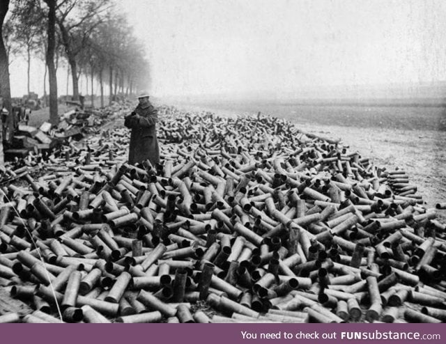 105mm shells from an allied bombardment all fired in a single day on German lines, 1916