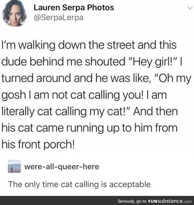 The only time cat calling is ok is when you are actually calling out to your cat