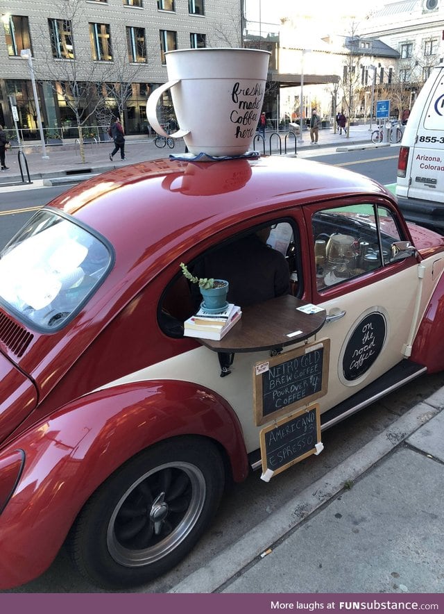 This guy runs a coffee shop out of a Beetle