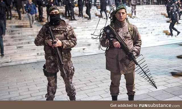 Soldier armed with a Drone Jammer, Taksim Square, Istambul