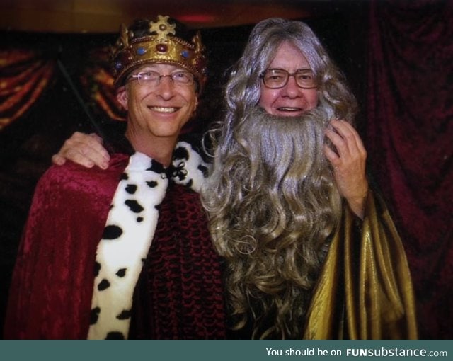 Bill Gates and Warren Buffett at a Camelot themed party