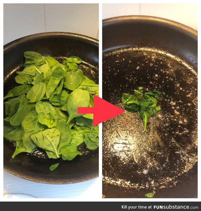 Before and after Sautéing spinach