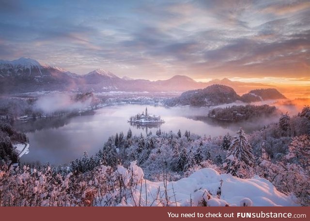 Snow on Lake Bled, Slovenia