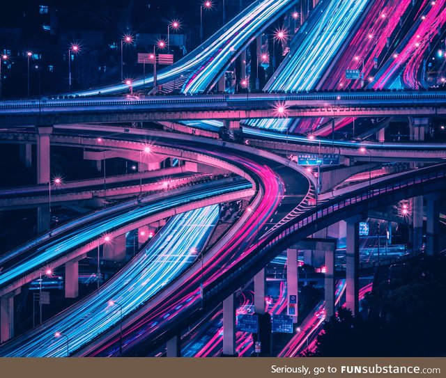 A long exposure of the only six-level stack interchange in the world