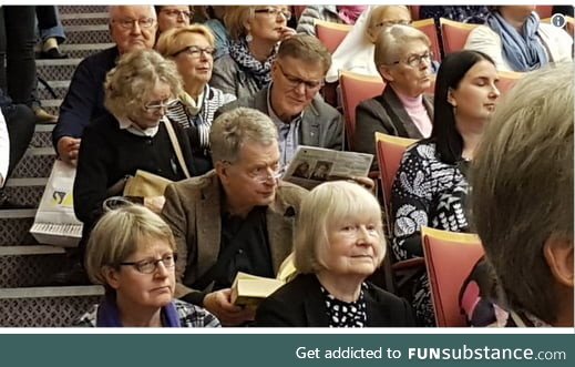 President of Finland was late and all the chairs where taken, so he sat on the stairs