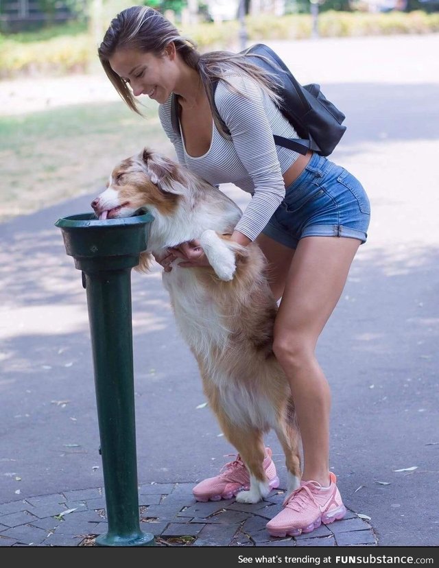 This girl helping a doggo get a drink