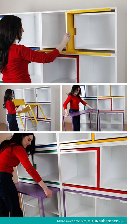 Secret table and chairs hide in shelves