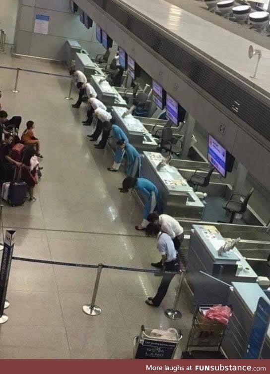 Flight delayed in Japan. Airline employees bow to the passengers to apologise