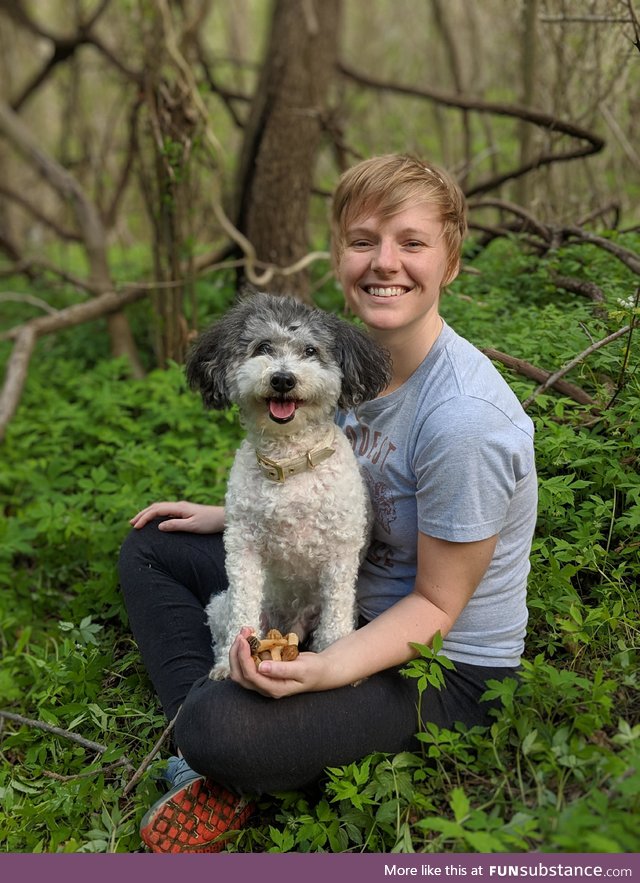 Me, my dog, and the handful of morels we found today