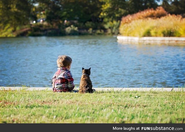 This child has loved this cat since the day he was born.