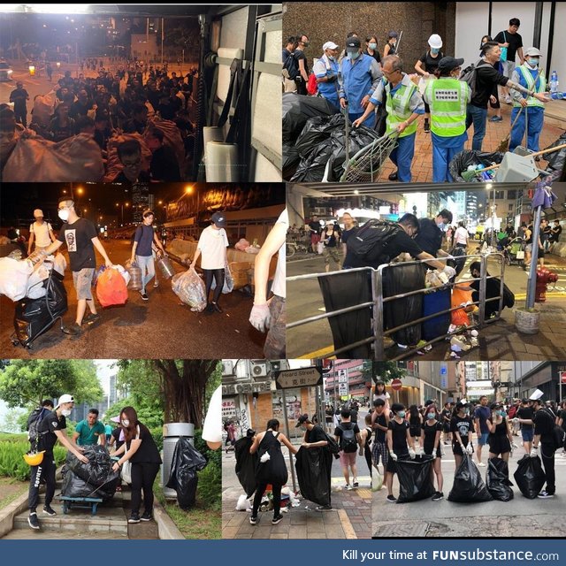 Hong Kongers picking up trash together after the protest