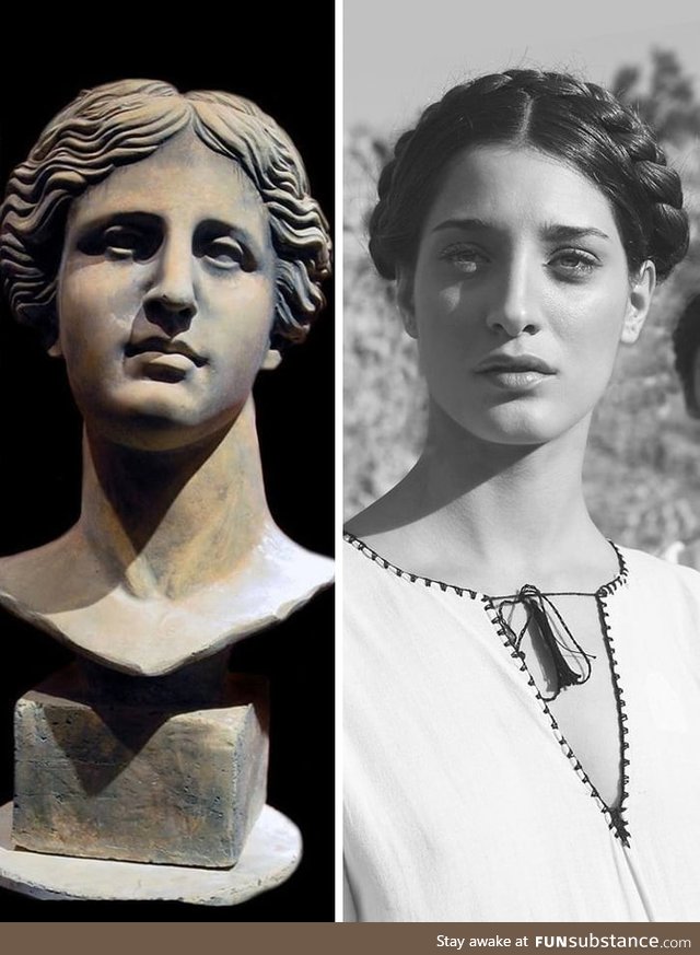 On the left is an ancient bust of Aphrodite. To the right is a photo of the modern Greek