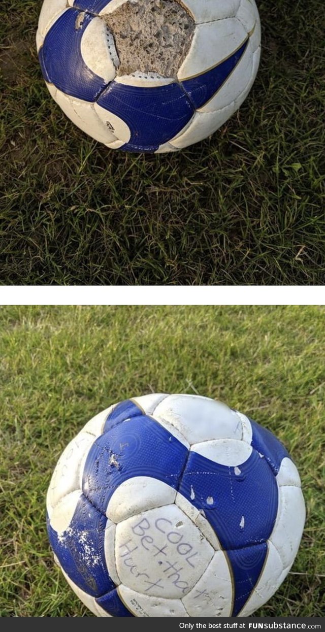 Football filled with concrete left in a park, with "cool, bet that hurt"