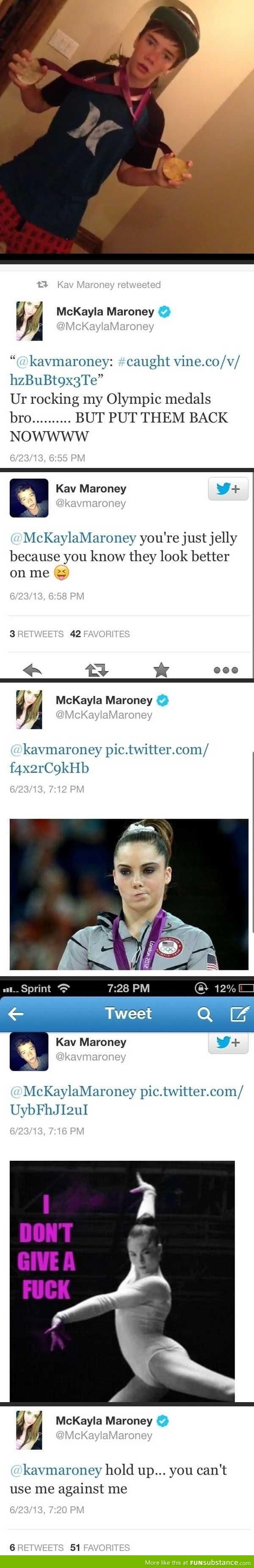 Tweets between McKayla and her brother