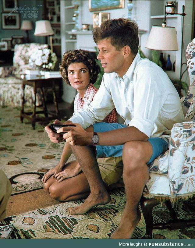 John F. Kennedy playing GTA IV to prepare for the Cold War (1962, Colorized)