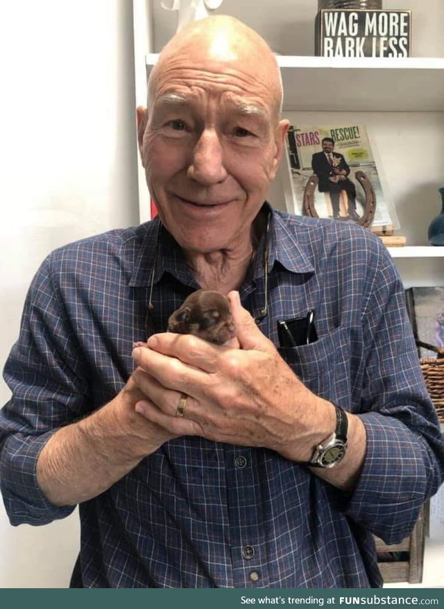 Patrick Stewart and a 1 week old puppy