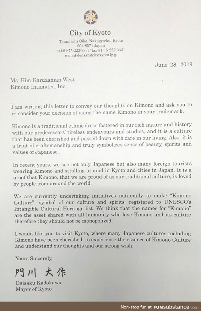 Japan's response to Kim Kardashian using the word 'Kimono'