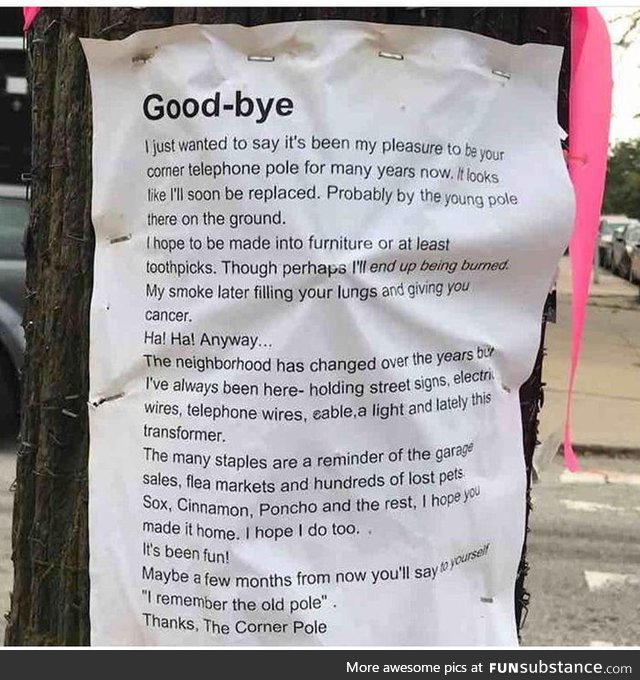 Wholesome goodbye from the local corner pole