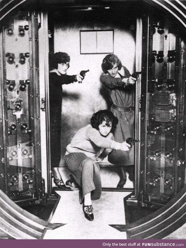 The employees at Cleveland Trust Bank Co. Being trained to defend the bank vault, circa