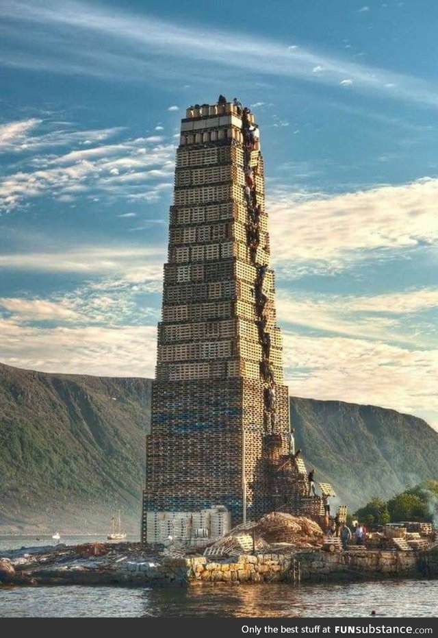 Stacking pallets for the world's largest bonfire in Norway