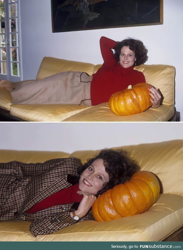 Sigourney Weaver has a thing for punkins, circa 1985