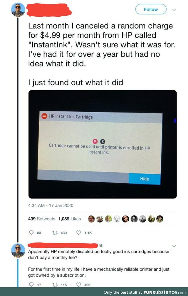 HP remotely disables perfectly good ink cartridges if you don't pay a monthly fee