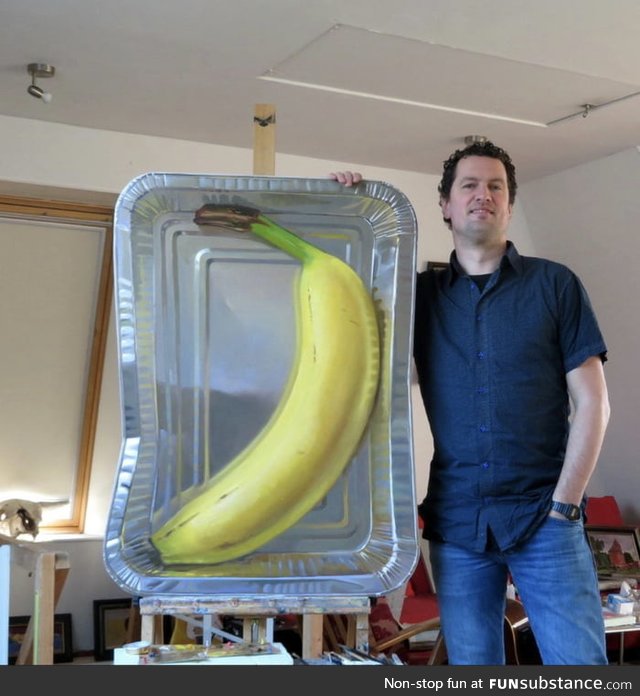 Banana for scale. I painted a banana in an aluminum container oil painting in a flat panel