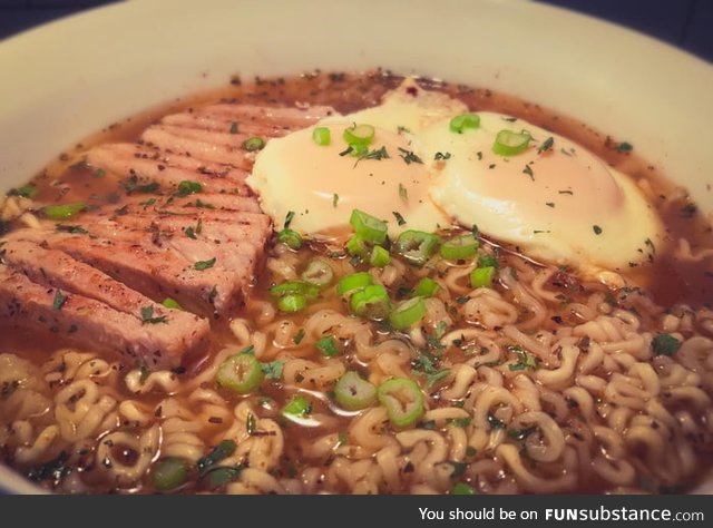 The "Waiting Until Payday .60 cents worth of ramen, leftover pork chop, and two