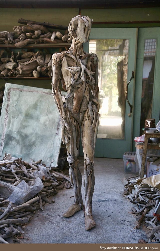 Statue made out of driftwood