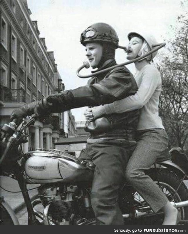 This old-school helmet that allows for someone driving a motorcycle to communicate with