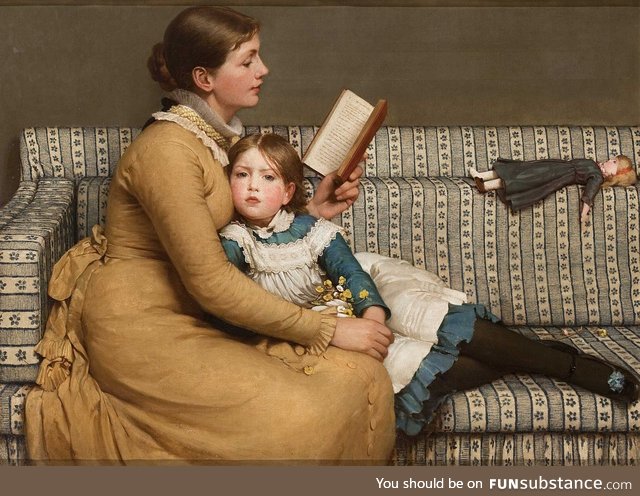 Painting of a mother reading Alice’s Adventures in Wonderland to her daughter. 1879.