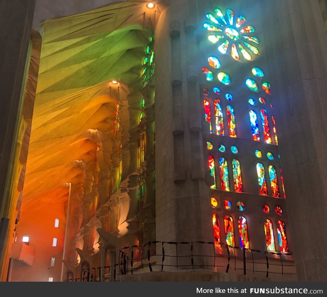 Sunlight through stain glassed windows, Sagrada Família in Barcelona