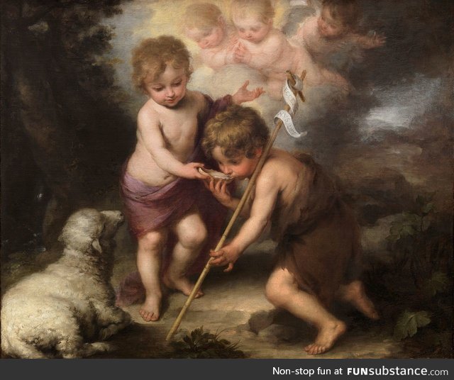 John the Baptist with Jesus in the painting The Holy Children with a Shell