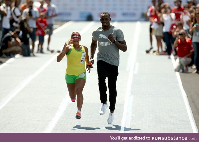 Usain Bolt runs as a guide for blind Paralympic champion Terezinha Guilhermina in Rio