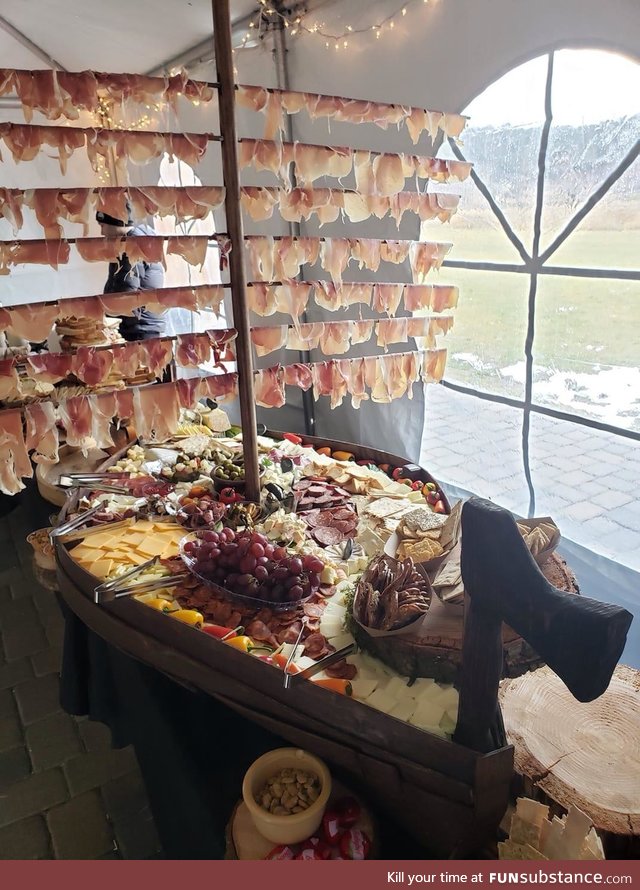 Charcuterie ship at a Viking wedding