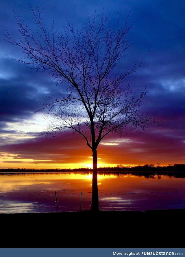 Sunset over a frozen lake