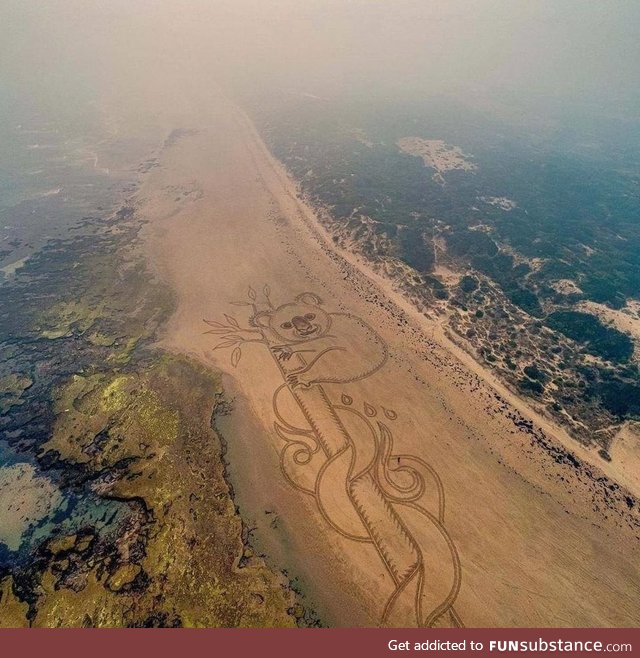 "Australia Burning" - 120m long sand art made with a leaf rake