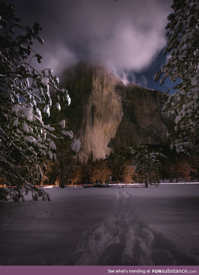 El Capitan lit by a full moon on a cold winter night. [OC]