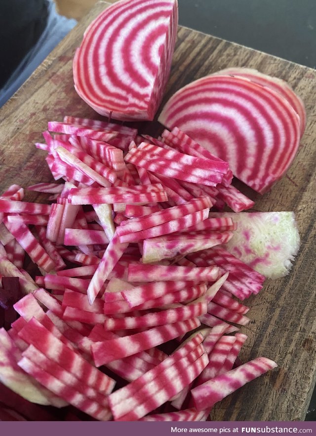 Fresh from the garden! This is a cool variety of stripy beetroot that I think looks dope!