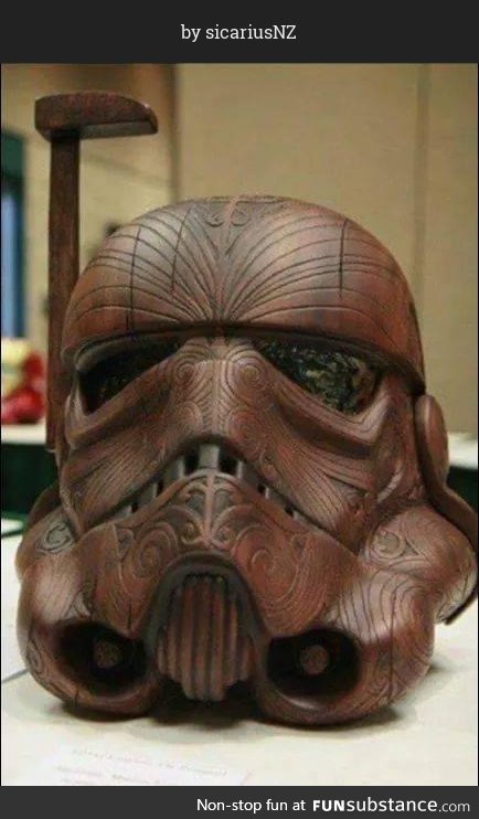 This wood carved Stormtrooper helmet with Māori designs is seriously impressive.