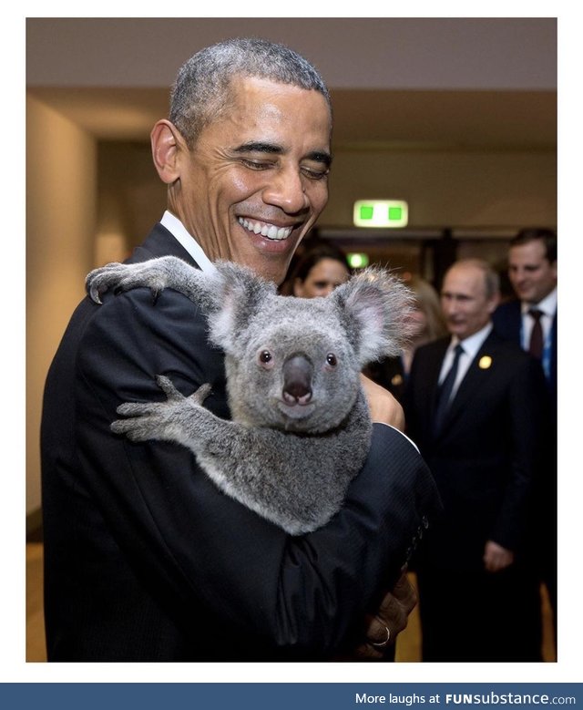 Putin waiting his turn for a hug with Obama