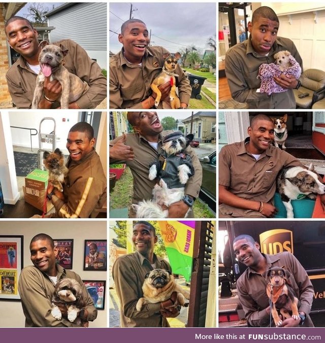 UPS Worker takes pictures with all the doggos on his route