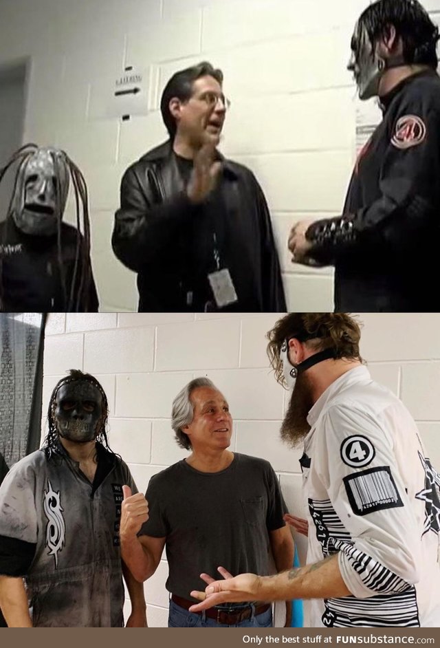 As a young fan, Jay Weinberg (left) son of Max Weinberg (middle) met Slipknot guitarist