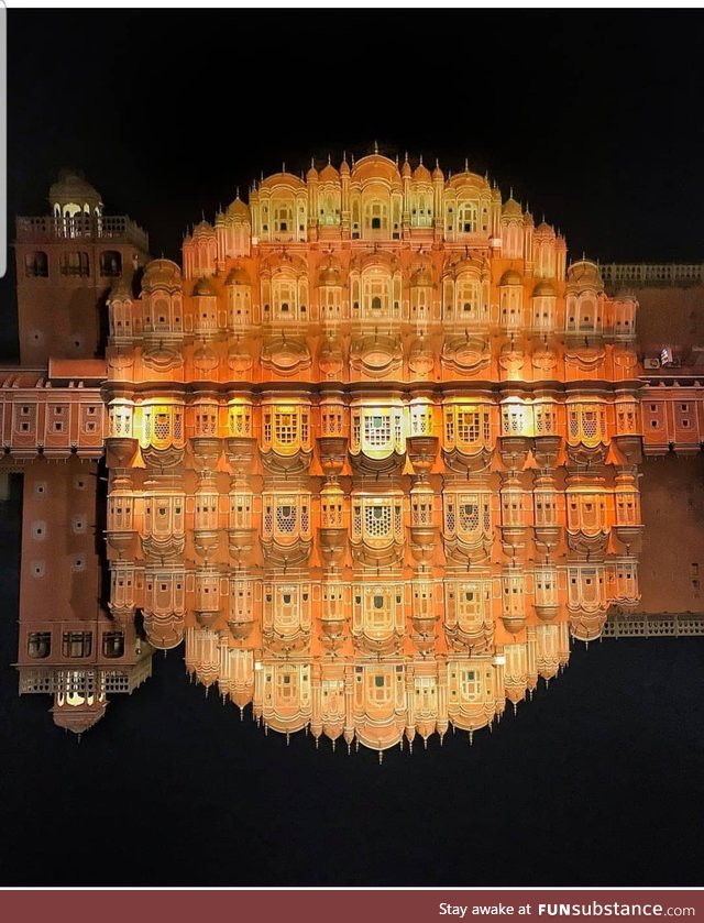 Hawa Mahal in India. Designed in image of hindu god Krishna's crown. The windows are