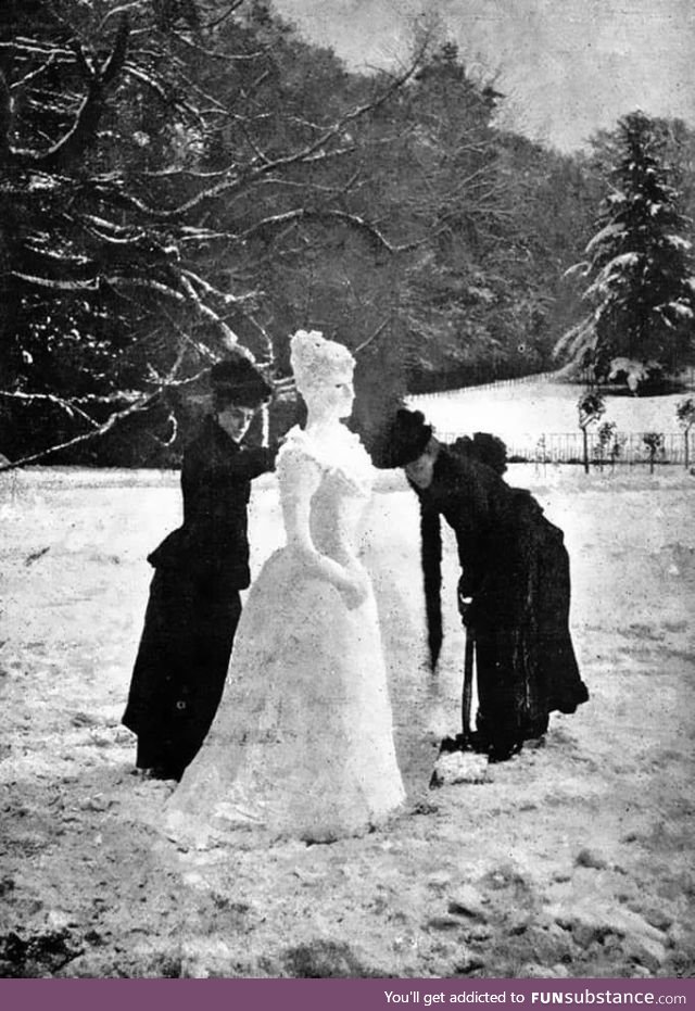 Two British Victorian women make a Victorian snow lady in 1892