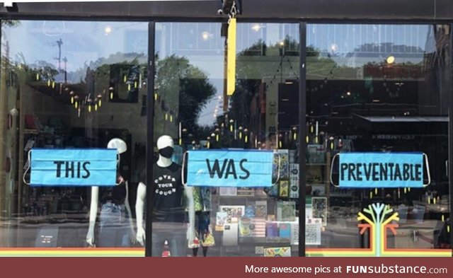 Local business - CLOSED - leaves a message on giant face masks????