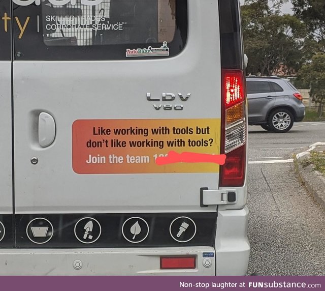 The sign on the back of this work van