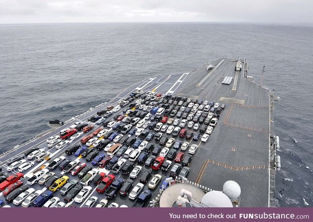 Sailors' Cars parked on the USS Ronald Reagan while it changes home ports in 2012