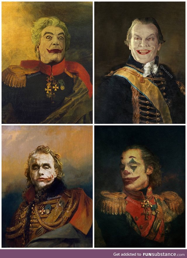 I like to photoshop people into old paintings. Here are my Joker ones