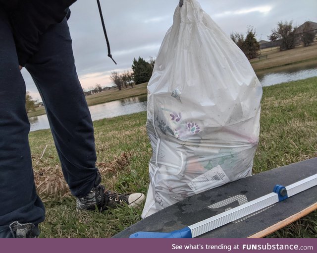 I know it's not much but I rode around the lake today and gathered up some trash